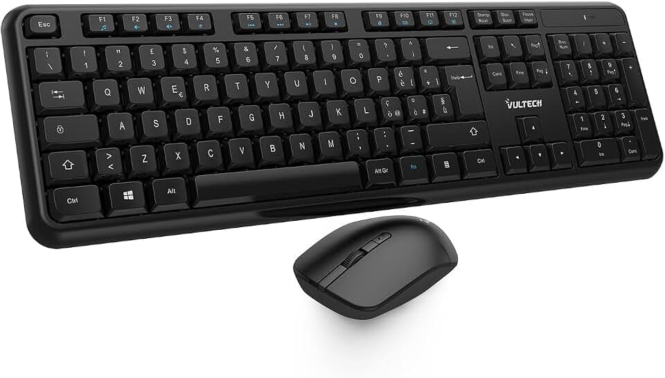 VulTech KM-811W Kabellose Tastatur und Maus mit leisen Klicks, kompaktes italienisches QWERTY-Layout, numerische Tastatur, 12 Multimedia-Tasten, Flüssigkeitsschutz, PC/Mac/Linux - Schwarz