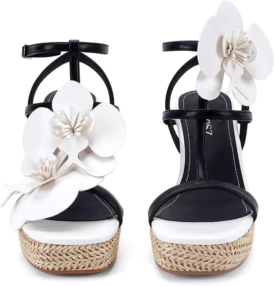LACIKOS Flowers Wedge Sandals For Women Strappy Raffia Platform Heels