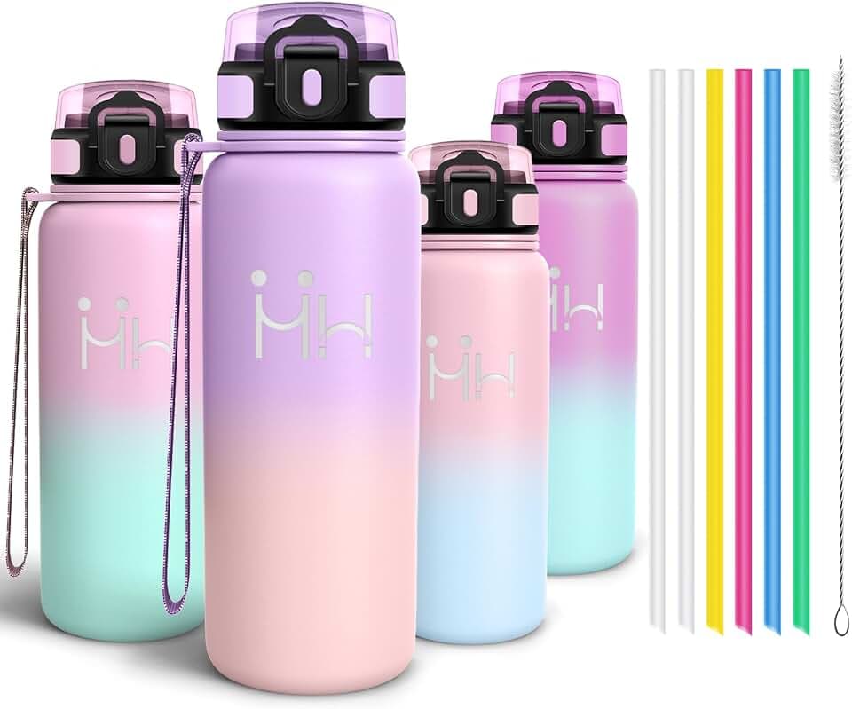 Motswedi Trinkflasche, 750ml Auslaufsicher, mit Bürste, Flasche mit Strohhalm, Flaschen, mit 6 Strohhalm, Doppelschichtiges Isolationsdesign, Wasserflasche Edelstahl, Geeignet - Violett & Hellrosa