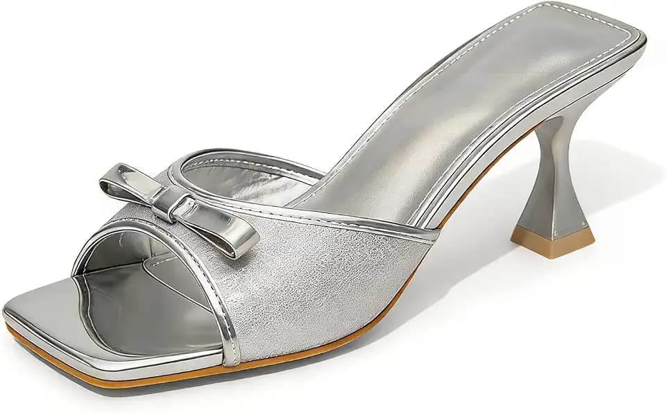 Women's Bow Kitten Heel Dress Sandals Square Open Toe Mule Low Heels Slides