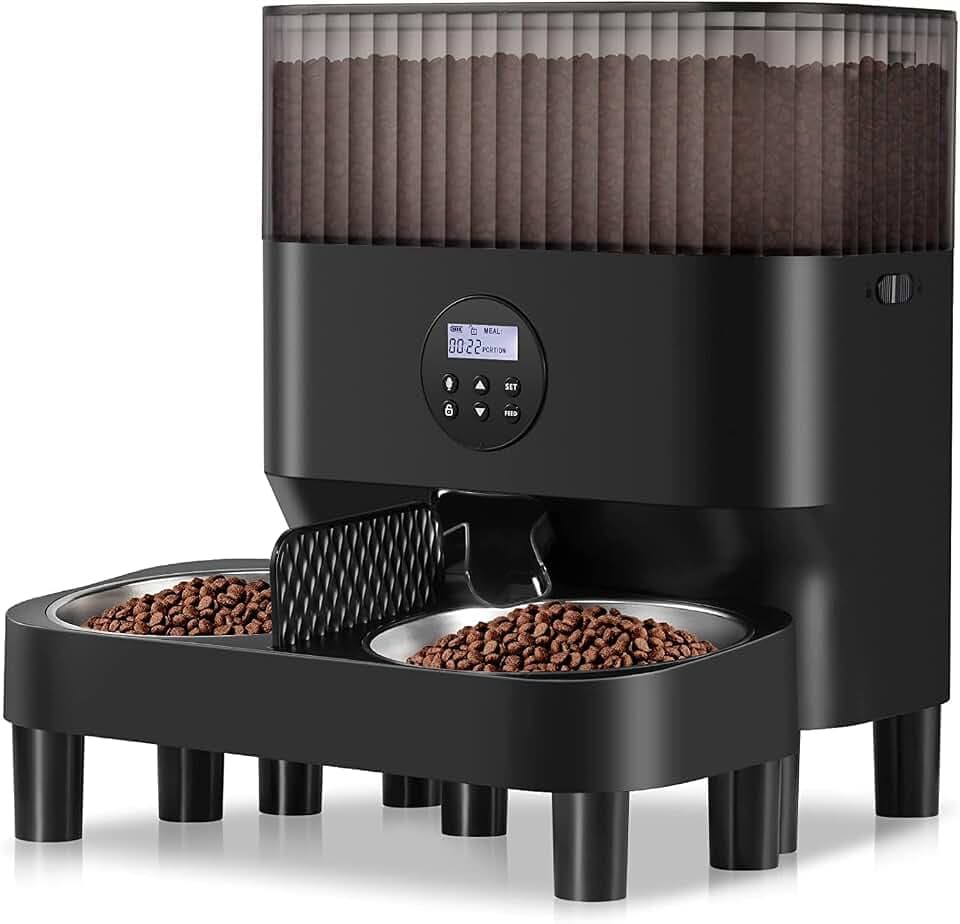 Sailvono Futterautomat Katzen & Hunde, 5L Automatischer Futterspender für Hunde mit Zwei Stahlschalen, Portionskontrolle, Sprachaufzeichnung, bis zu 4 Mahlzeiten pro Tag, Schwarz