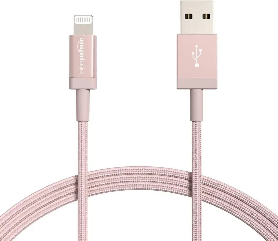 Amazon Basics 2-Pack USB-A to Lightning Cable, Apple MFi Certified, Nylon Braided Cord for iPhone 14 13 12 11 X Xs Pro, Pro Max, Plus, iPad, Data Sync, High Speed Transfer, 6 Foot, Rose Gold