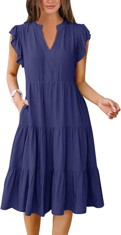 ANRABESS Womens Summer Dress Ruffle Sleeve V Neck Midi Dresses