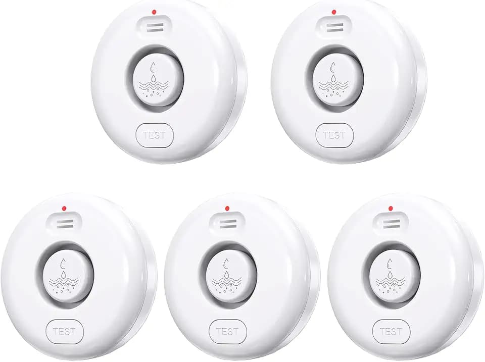 RUIKORING 5 Pack Water Leak Alarm Detector, 0-120dB Adjustable, IP67
