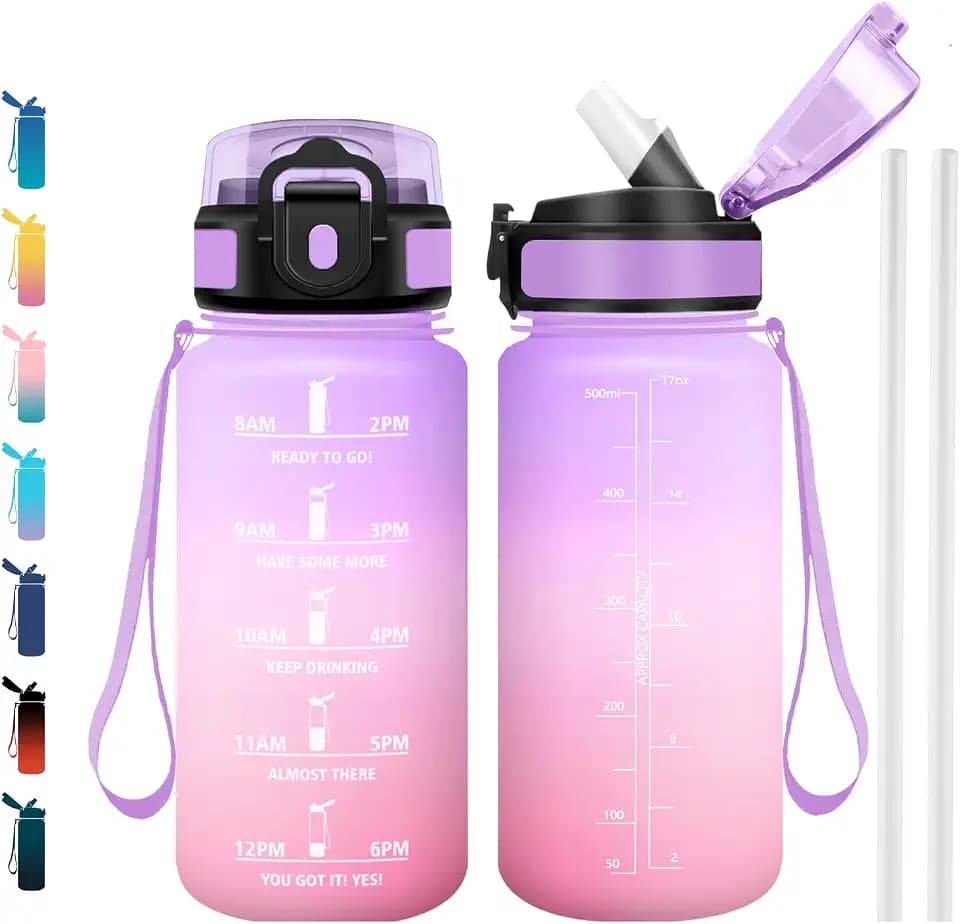 Trinkflasche 500ml, Mit Strohhalm & Zeitmarkierung, Auslaufsicher Sportflasche für Fitness, Fahrrad, Büro, Schule