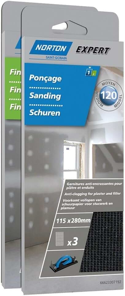 Norton Sandpapier / Schleifpapier für Gips/Putz, 115 mm x 280 mm, Körnung 120 (3 Stück)