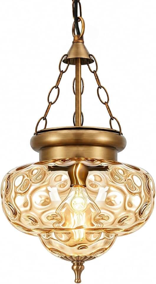 Vintage Brushed Antique Brass Pendant Light for Kitchen Island, Handblown Textured Amber Hammered Glass Hanging Light Fixture, Adjustable Height E26 Pendant Lighting for Dining Room Entryway Hallway