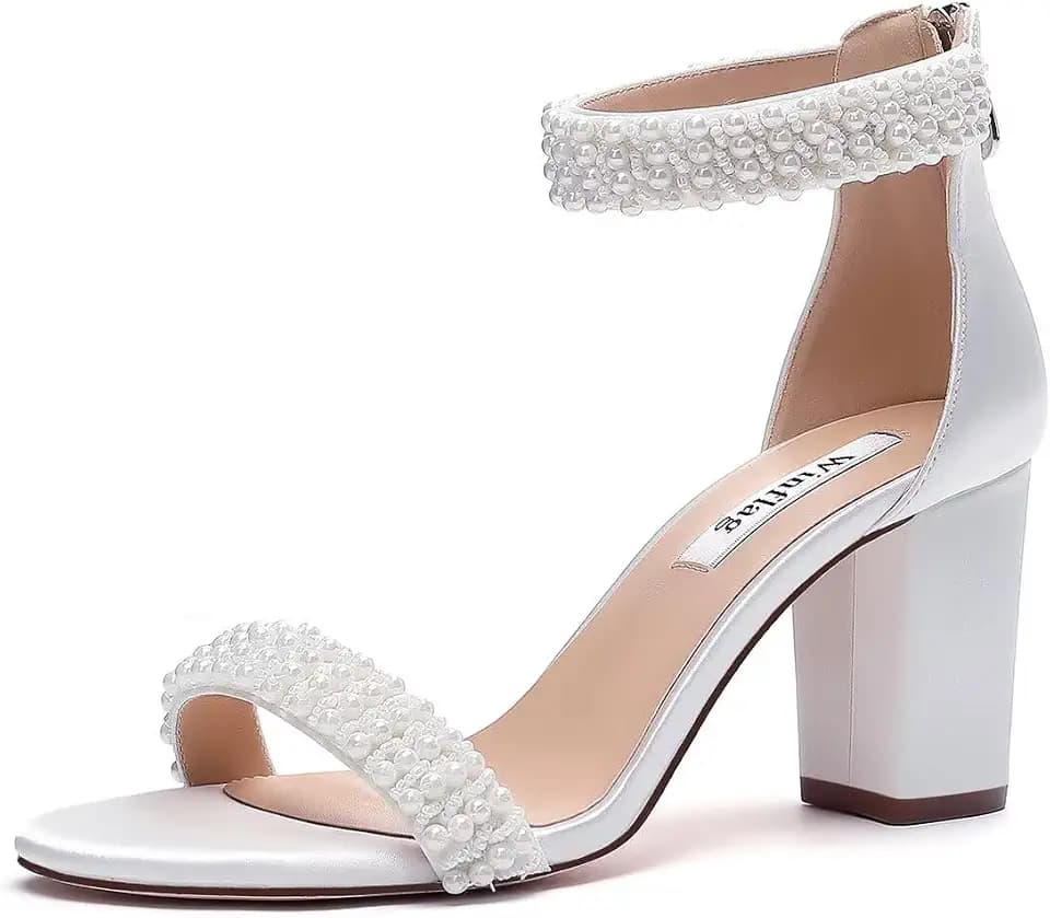 Block Heel Wedding Sandals Pearl Heels Open Toe Wedding Shoes for Bride Bridal Shoes