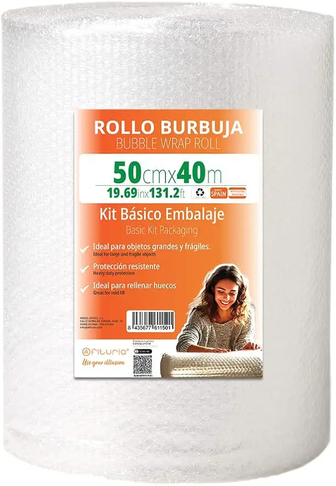 OFITURIA Luftpolsterfolie Verpackung 50cm x 40m – BBlasenfolie Transparent und Flexibel zum Schutz beim Versand - Wiederverwendbare Verpackungsfolie für Haushalt, Gewerbe und Umzug