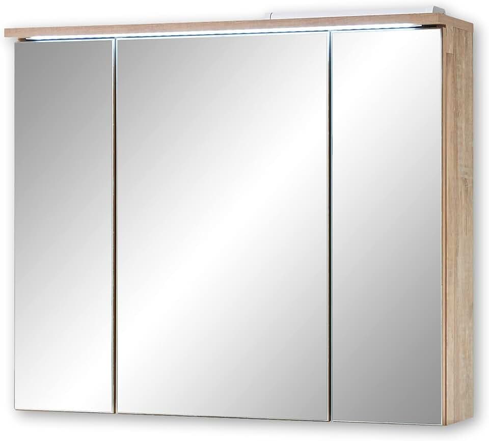 Stella Trading ROOF Spiegelschrank Bad mit LED-Beleuchtung in Eiche Old Style Optik - Badezimmerspiegel Schrank mit viel Stauraum - 80 x 68 x 21 cm (B/H/T)