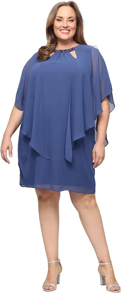 S.L. Fashions Women's Capelet Cascade Sleeve Dress with Beaded Cutout Neckline, Special Occasion Dress