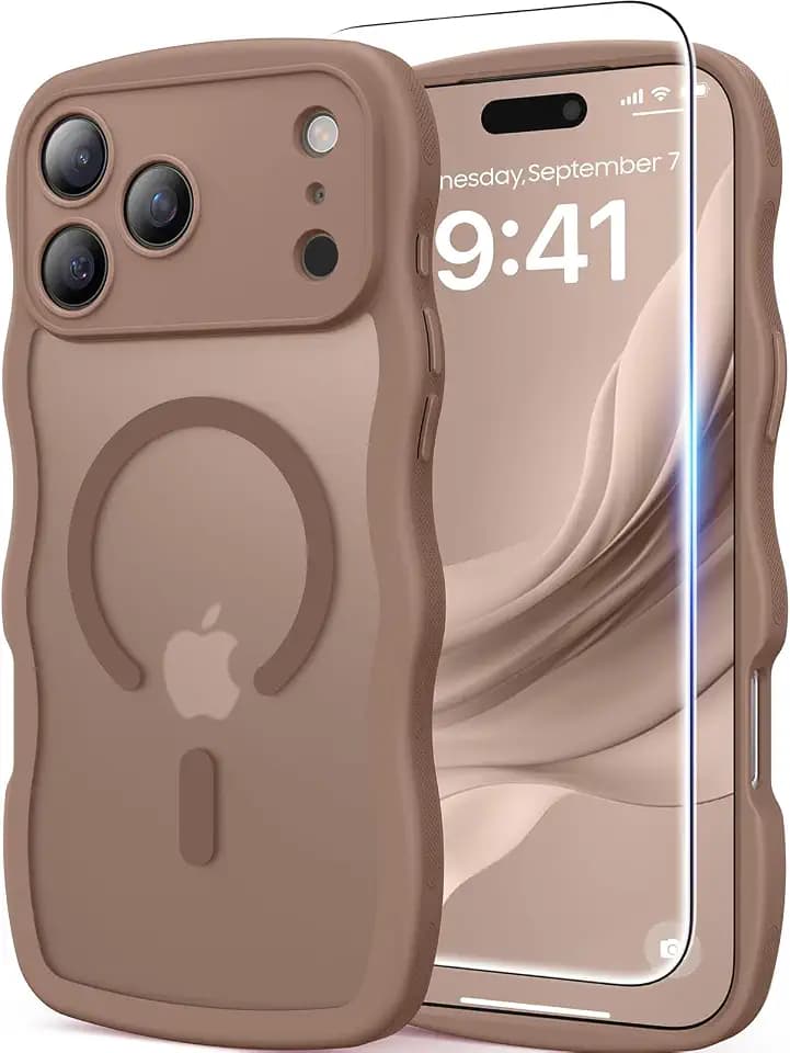 Magnetic for iPhone 17 Pro Case, Cute Wavy [Full Camera Protection] [Fit for MagSafe], 1X Screen Protector+1X Wrist Strap, Trendy Translucent Matte Women Girly Phone Case for iPhone 17 Pro 6.3", Brown