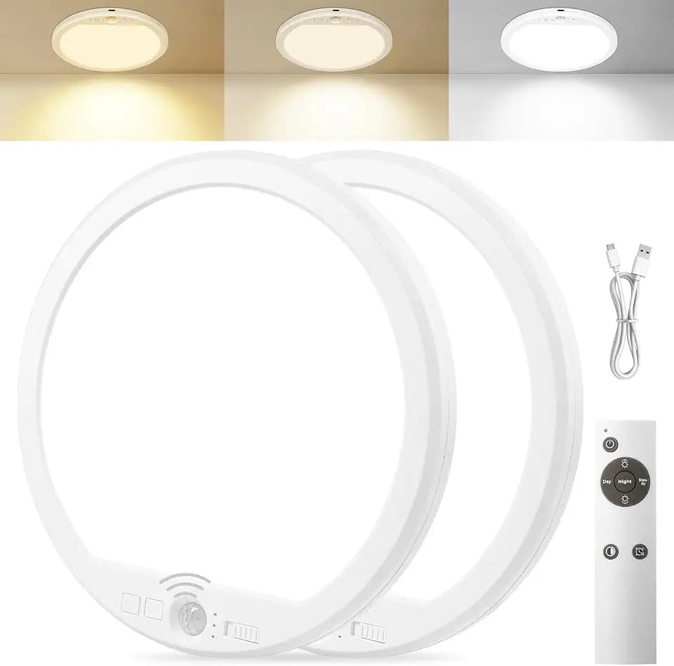 Rechargeable Motion Sensor Ceiling Light with Remote,Round,2 Pack