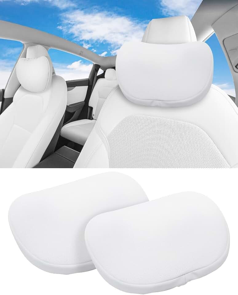 KKTR-CAR Upgraded Headrest Pillow Comfortable Neck Pillow, Skin Feel Nappa Leather Headrest Neck Rest Cushion Compatilbe with Tesla Model 3/Y/X/S (2, White)
