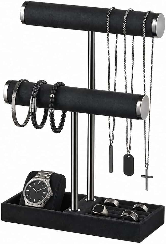 Josmimic Schmuck Organizer mit 2 Ebenen - Schwarz Schmuckständer Armbänder, Abnehmbarer T-Steg Schmuck Ständer, Samt-Armbandhalter, Schmuckhalter für Armband, Halskette, Uhren, Ringe
