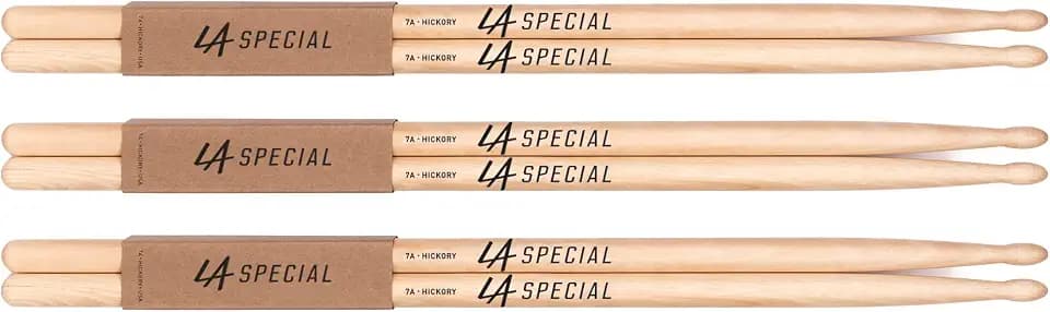 LA Specials Hickory 7A Drum Sticks, Wood Tip, 3-Pair Pack
