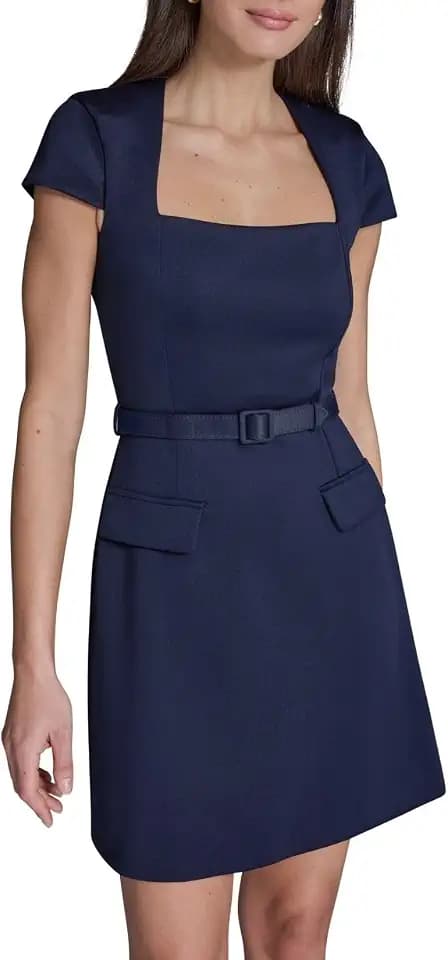 BCBG Women's Short Sleeve Square Neck Belted Short Stretch Dress