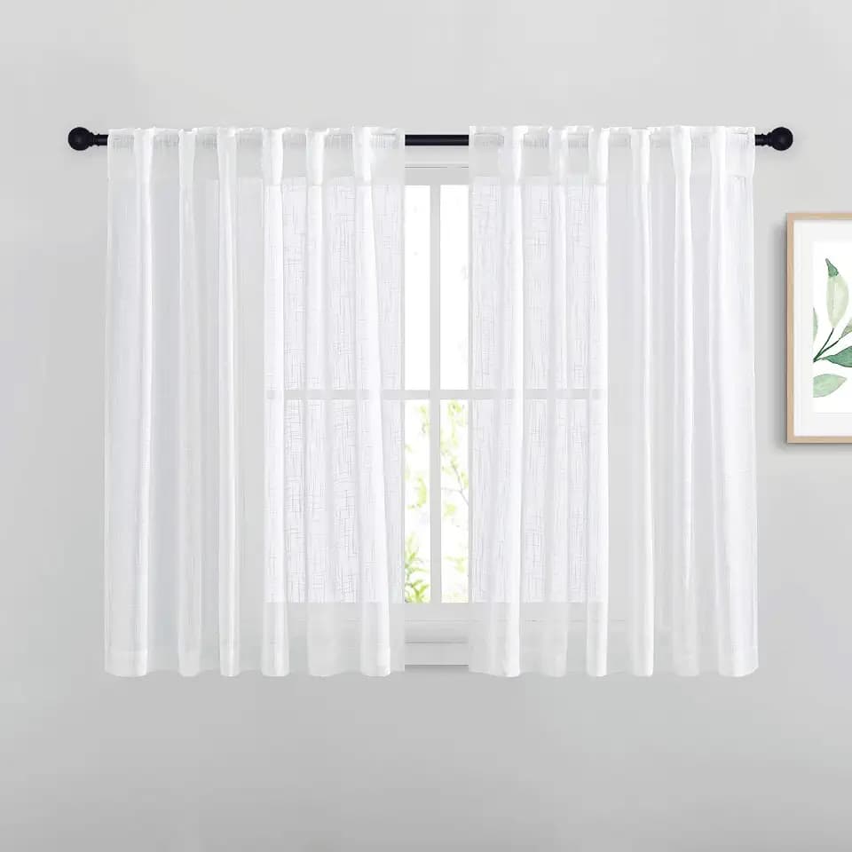 NICETOWN White Sheer Curtains 54 inch Length for Nursery, Rod Pocket & Back Tab Linen Blend Window Treatments Semi Sheer Privacy with Light Filter for Kids Room, W52 x L54, 2 Panels