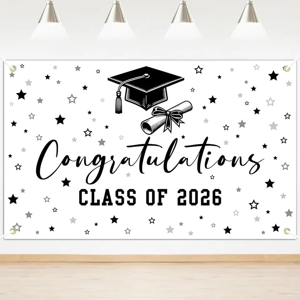 Congratulations Class of 2026 Backdrop Black White Graduation Banner Congrats Grad Party Background Prom Night Photo Booth Props Graduation Party Decorations 6x3.6 ft