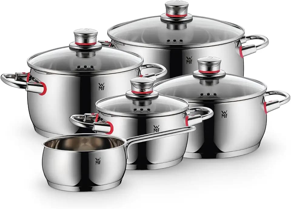 WMF Quality One Topfset Induktion 5-teilig, Kochtopf Set mit Glasdeckel, Cromargan Edelstahl poliert, Induktions Töpfe Set unbeschichtet, Dampföffnung, für alle Herdarten geeignet