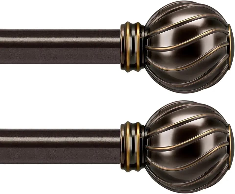 Lootkell 2 Pack Brown Curtain Rods Set for Windows 28 to 48 Adjustable Length Heavy Duty 7/8" Diameter Window Curtain Rod with Decorative Finials for Outdoor Farmhouse Bedroom Kitchen Living Room
