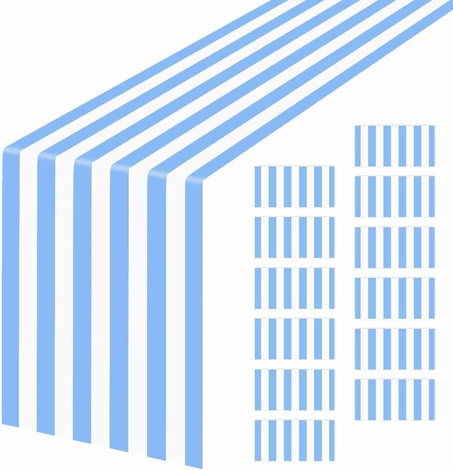 12 Pcs Striped Table Runner Plastic 14 x 108 Inch Disposable Light Blue and White Runner for Table Wedding Baby Shower Birthday Tabletop Centerpieces Decorations Striped Table Runners