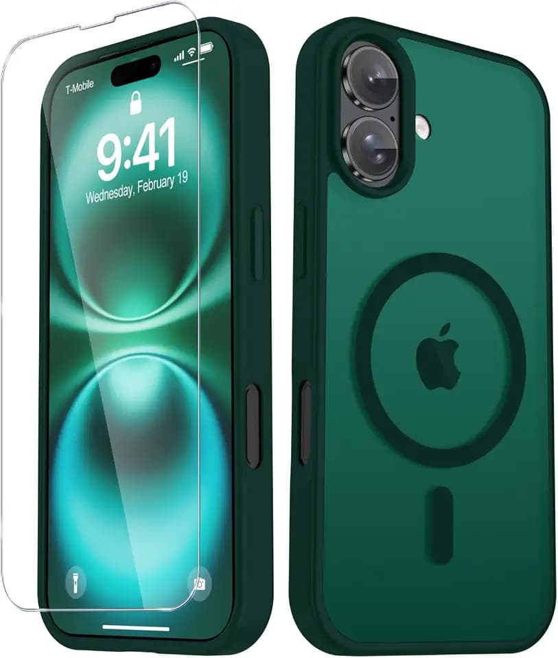 YENAPOON for iPhone 16 Case, Matte Magnetic Phone Cover, Dark Green