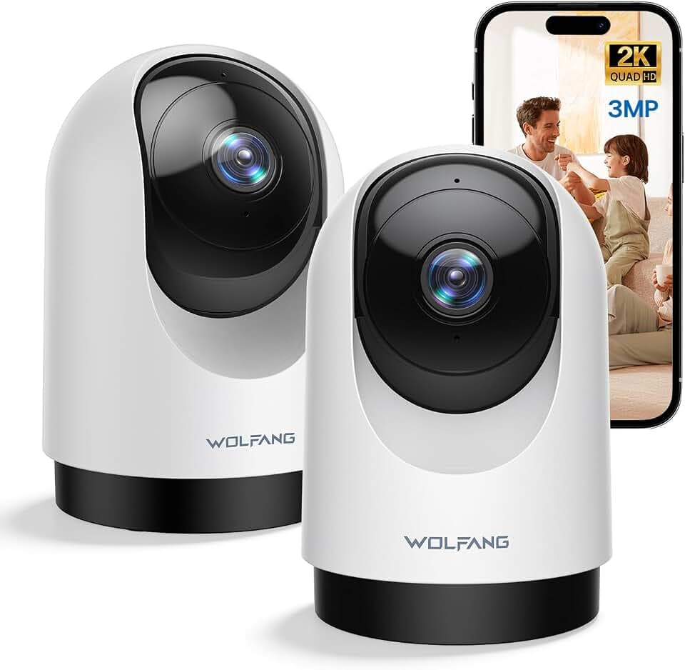 WOLFANG Überwachungskamera Innen 2K, WLAN Kamera Innen mit 360° PTZ, Auto-Tracking & Nachtsicht, Hundekamera mit 2-Wege-Audio, Kompatibel mit Alexa & Google Home, 2er-Pack