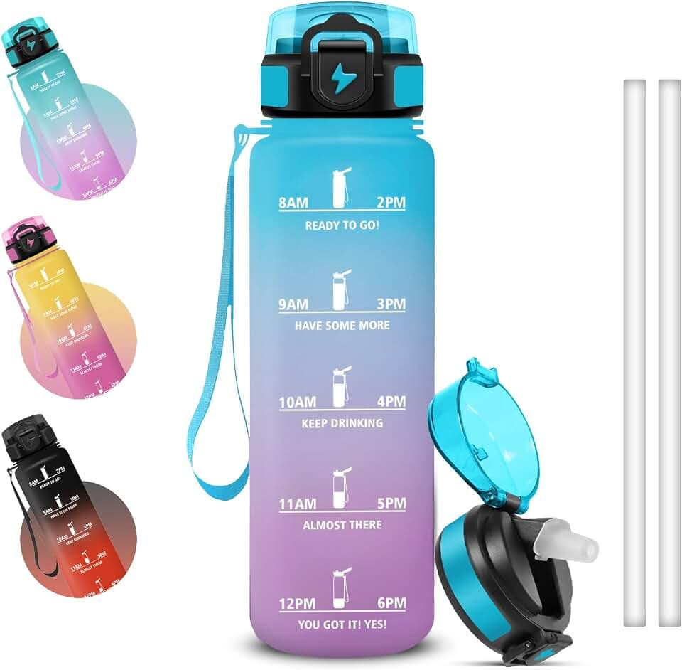 Grsta Wasserflasche 1l mit Strohhalm, Auslaufsichere Trinkflasche Sport, mit Zeitmarkierung und Schnürung, Trinkflasche mit Sichere Verriegelung für Arbeit, Fitness, Uni
