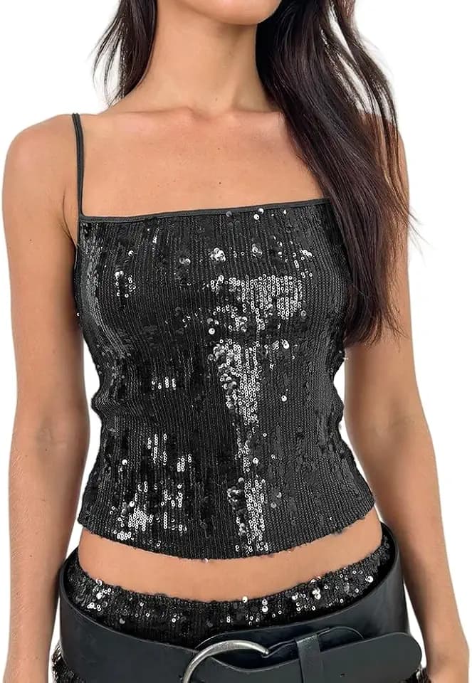 Women Y2k Sequin Glitter Camisole Spaghetti Strap Sparkly Slim Fit Tops Sexy Going Out Party Clubwear Tops