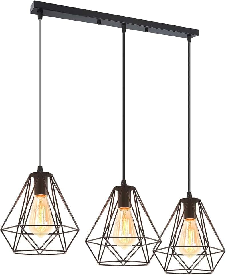 iDEGU 3-flammig Pendelleuchte Vintage Hängelampe aus Metall Industrielle Hängeleuchte Lampenschirm in Käfigform E27 Pendellampe für Küche Wohnzimmer, Durchmesser 20 cm, Schwarz