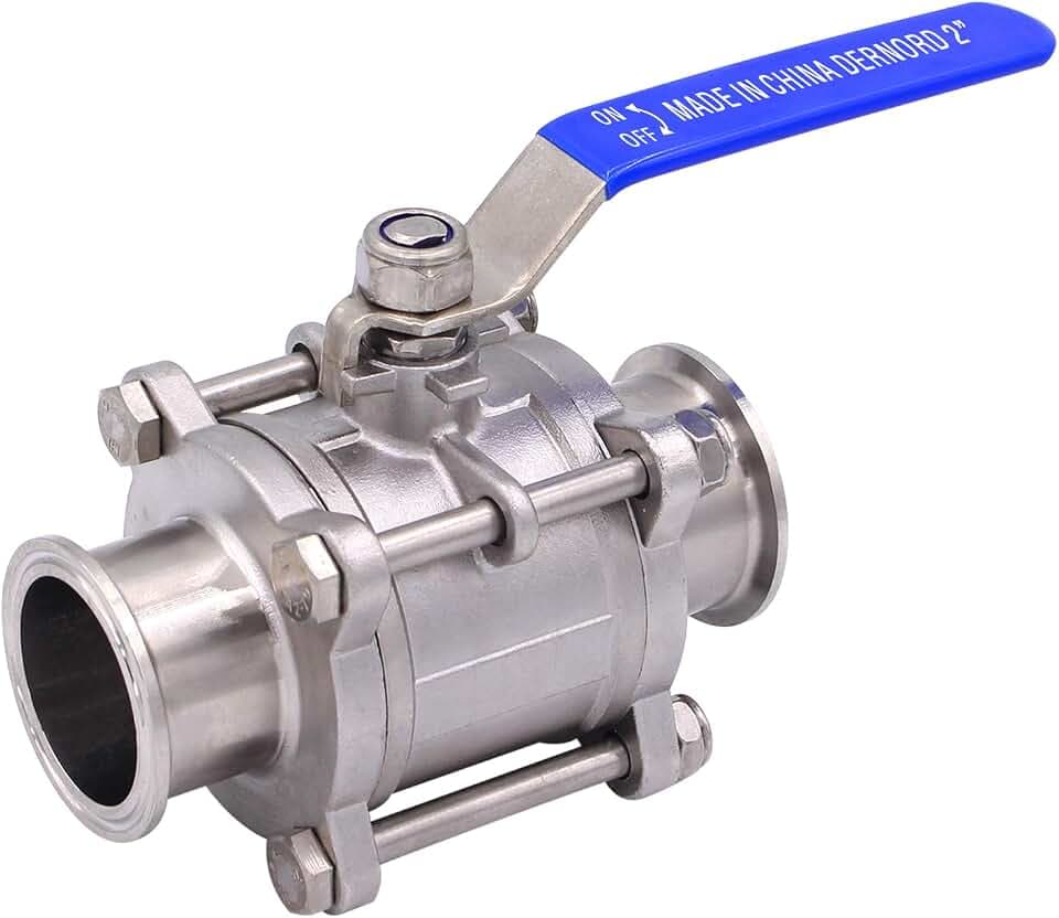 DERNORD 2" Sanitary Ball Valve Fits 2" Tri-Clamp Clover Stainless Steel 304, PTFE Lined, Two Way & Three Piece (2 Inch Tube OD Quick Clamp)