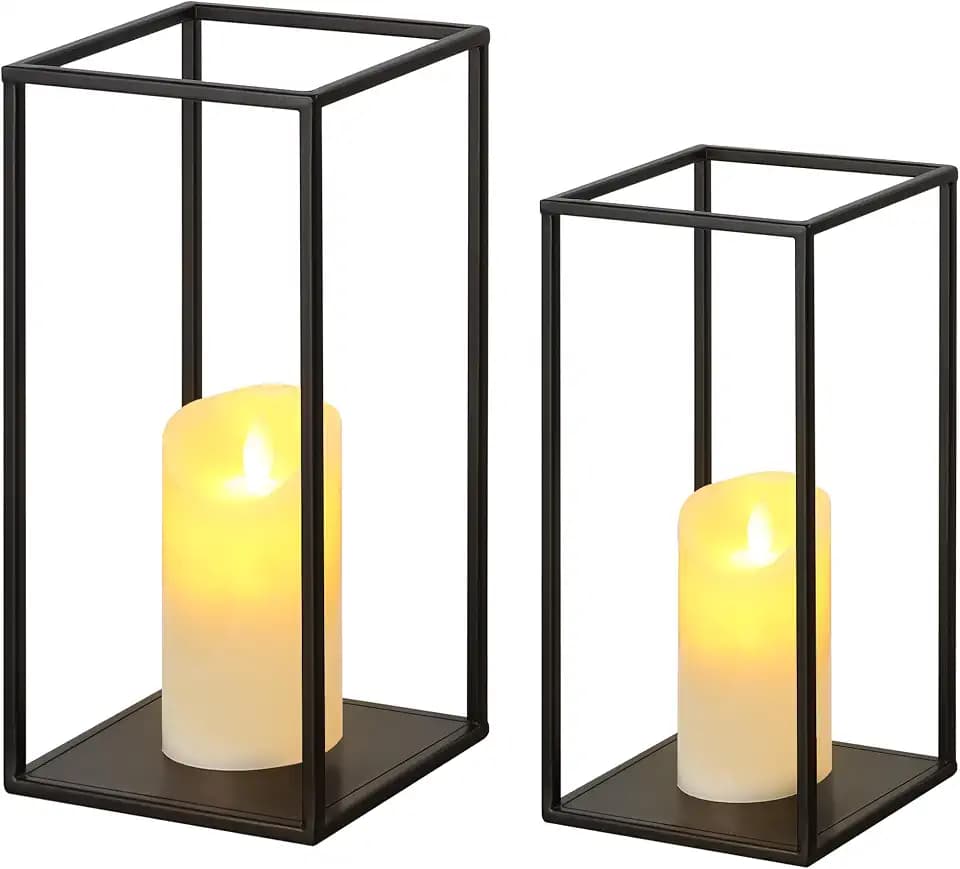 Eufrozy Modern Farmhouse Lantern Decor, Black Metal Candle Lanterns Decorative Indoor Set of 2, Rustic Candle Holder Decoration for Living Room/Home/Outdoor/Table/Fireplace/Mantle/Wedding/Porch
