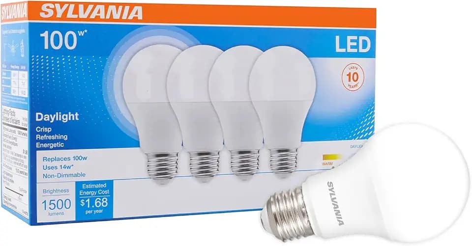 Sylvania LED A19 Light Bulb, 100W Equivalent, Efficient 14W, 1500 Lumens, Frosted Finish, Daylight - 4 Pack (78103)