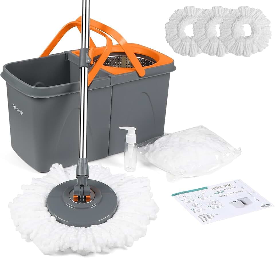 Rainberg Spin Mop und Eimer Set mit 3 extra Köpfen, 130 cm ausziehbarer Griff, maschinenwaschbare Mikrofaserköpfe, selbstauswringendes System, Grau und Orange (Spin Mop Set)