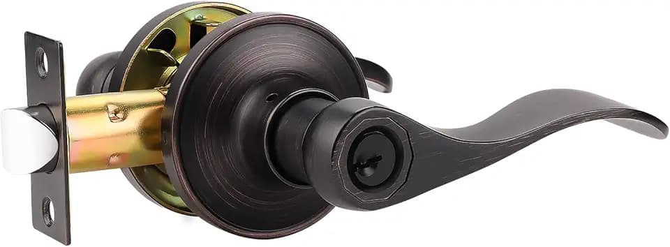 Probrico (1 Pack Entry Door Lever [Lock with 3 Keys],Locking Door Handle Set for Office or Front Door,Oil Rubbed Bronze Wave Entrance Door Lock with Key, Reversible Right & Left Side Handed