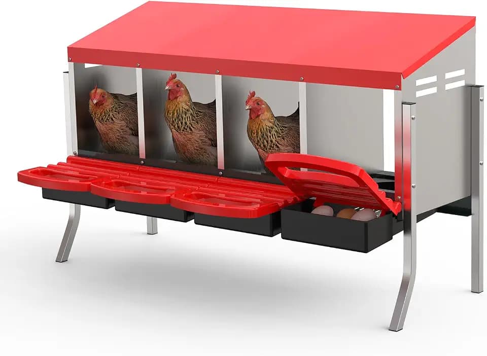 GarveeLife Chicken Nesting Box 4 Hole, Galvanized Steel Nest with Roll Away Egg Collection & Swing Perch, Easy-Clean Laying Box for Hens, Heavy Duty Design for Chicken Coop