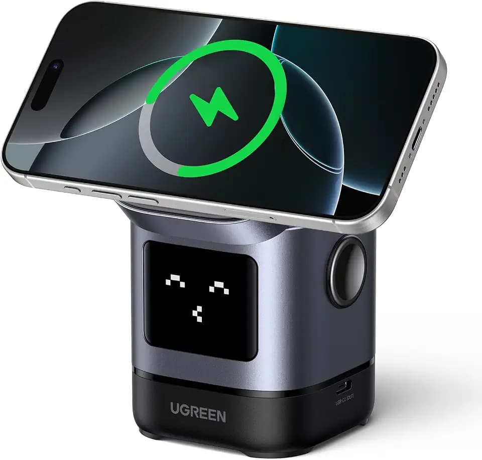 UGREEN UNO 2 in 1 Qi2 zertifizierte Ladestation, 15W iPhone Ladestation kompatibel mit MagSafe, magnetisches Wireless Charger für iPhone 17/16/15/14/13, AirPods 2/3, Winkel-Einstellbarer Ladeständer