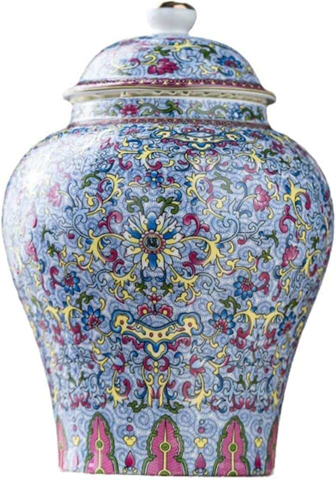 fanquare Bunte Ingwer Behälter mit Deckel Chinesisch Porzellan Tee Kanister Orchidee Blume dekorative Blume Vase, 900ML Keramik Lagerung Jar Tee Kaffee Zucker für Haus Küche 19.5CM