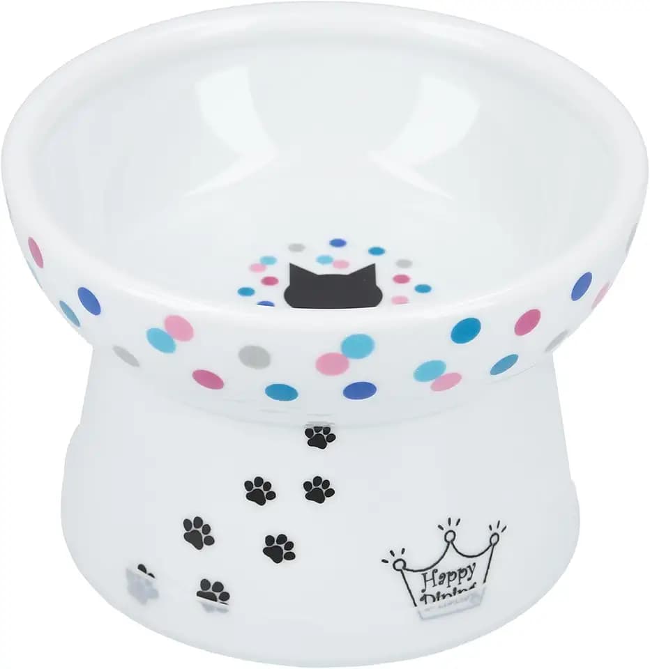 Necoichi Porcelain (Ceramic) Raised Cat Food Bowl, 15° Tilted (Colorful Dots, Regular)
