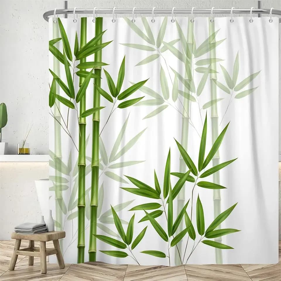 Duschvorhang 180x200cm Anti Schimmel Bambus Grün Blätter Gemustert
