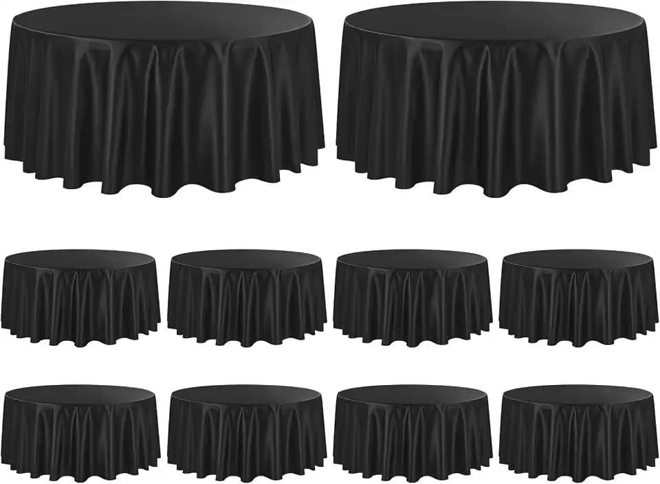 10 Pack Black Satin Round Tablecloths, 90 Inch, Fits 8 FT Tables