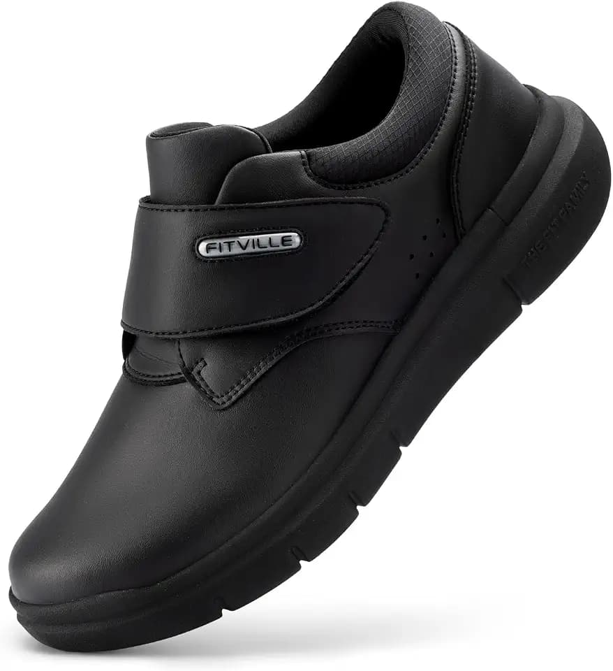 FitVille Weite Lederschuhe mit Klettverschluss Herren Business Casual Verbandschuhe Gesundheitschuhe Freizeitschuhe Bequeme Sneaker Walkingschuhe Büro EasyTop V4