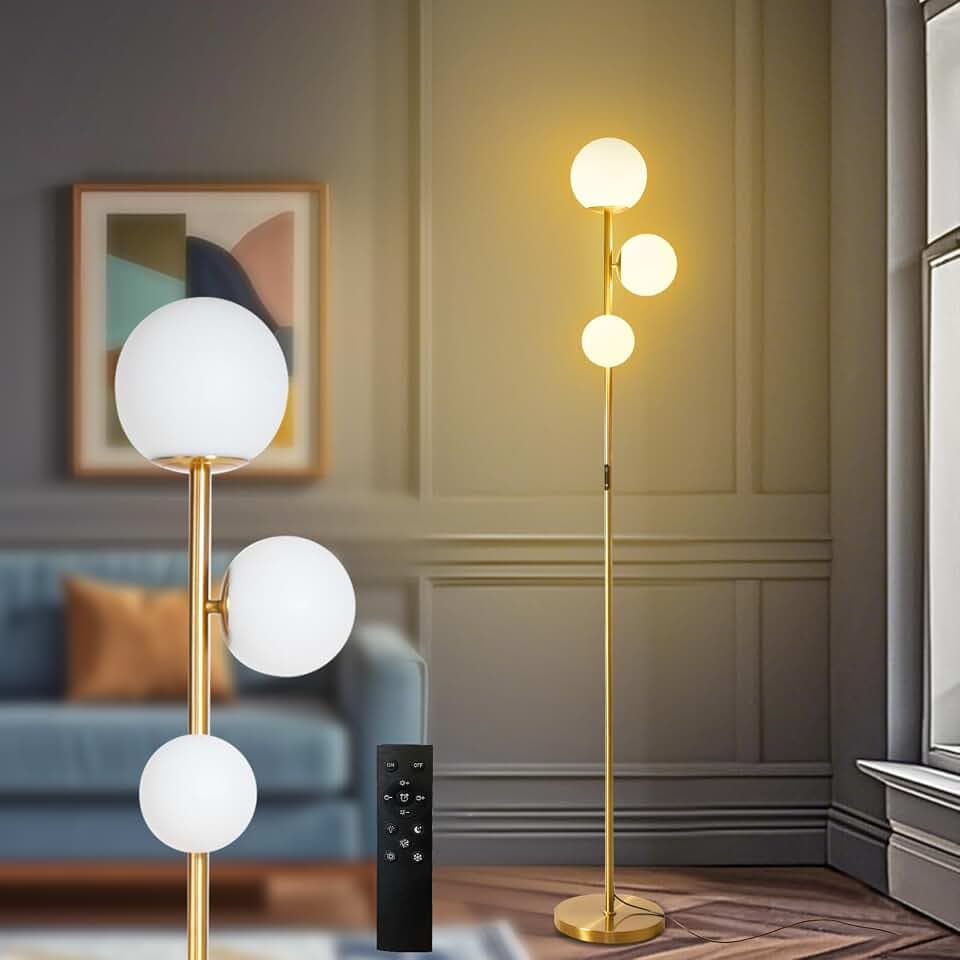 Mid Century Gold Floor Lamp – Dimmable, Remote & Touch, 3-Light