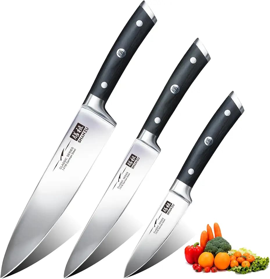 SHAN ZU Messerset 3-tlg, Profi Küchenmesser Kochmesser Set aus Deutscher Edelstahl Extra Scharfe Messer Set, 20cm Chefmesser & 15cm Allzweckmesser & 9.5cm Schälmesser