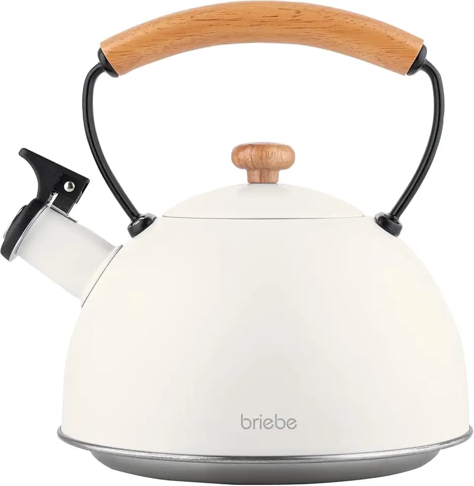 briebe Nordic Wasserkessel Induktion 2,3L, Flötenkessel, Edelstahl Teekessel Alle Herdarten, GlasKeramikherd, Gas, Elektroherd, Holzgriff Cool-Touch, für Tee Kaffee, Tea pot, Weiß