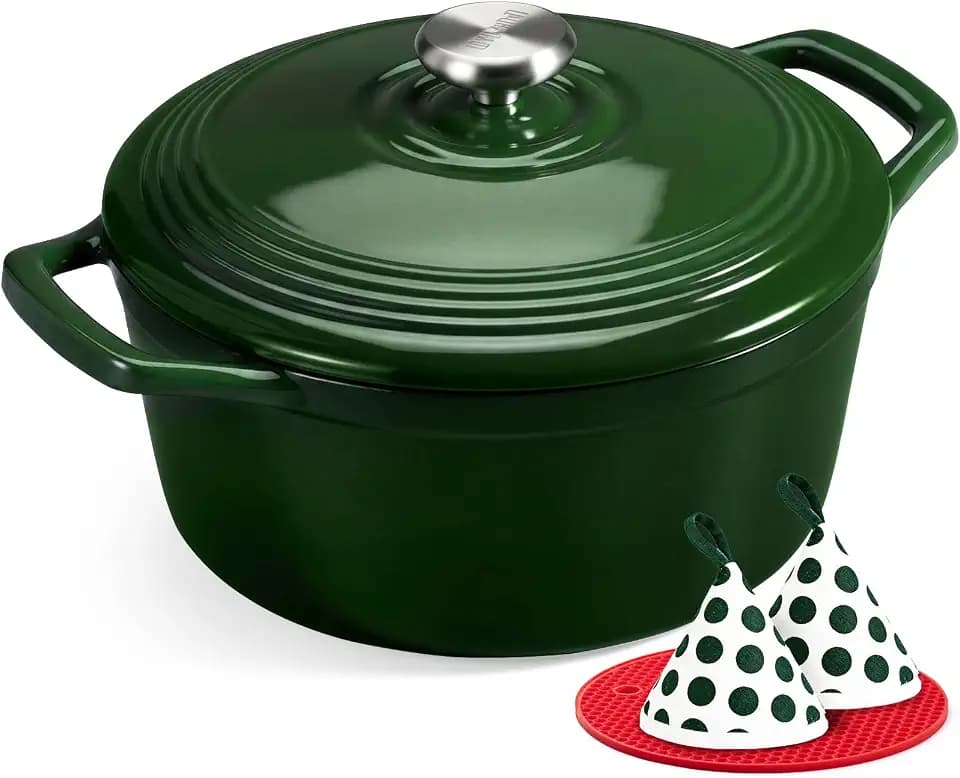 Overmont Bräter Emaille Gusseisen Topf - Schmortopf 26cm backofengeeignet - mit Deckel und Kochbuch - für Küche Backen Schmoren Braten