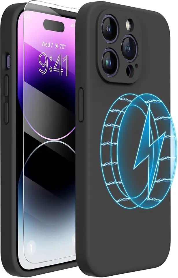 miracase Magnetic Case Designed for iPhone 14 Pro Max Phone Case with Screen Protector,[Upgraded Enhanced Camera Protection],Shockproof Liquid Silicone Case 6.7 inch, Black Magnetic