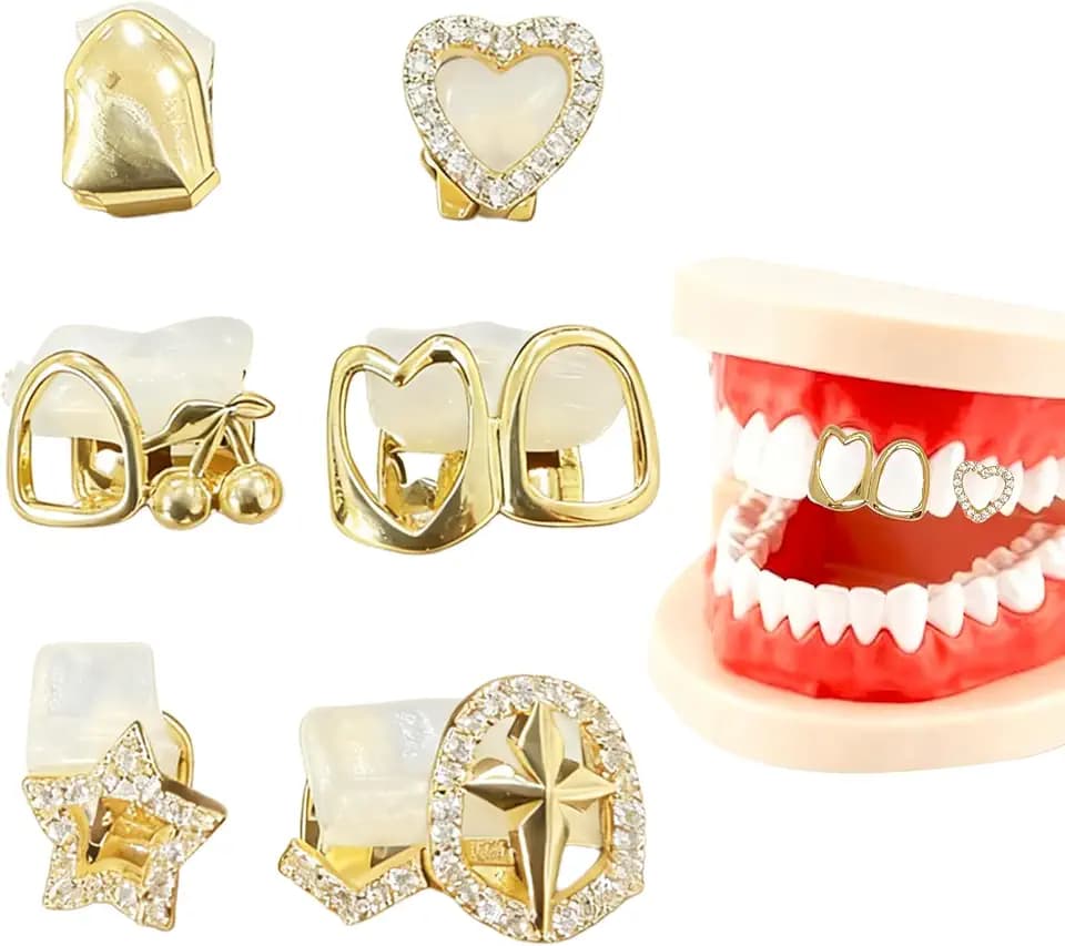 6Pcs Grillz for Women Gold Plated Grills Mouth Jewelry Kit Single Tooth Caps One Size Fits All Bling Jewels for Hip-Hop Fashion with Heart Hollow Rhinestones Star Cross Cherry