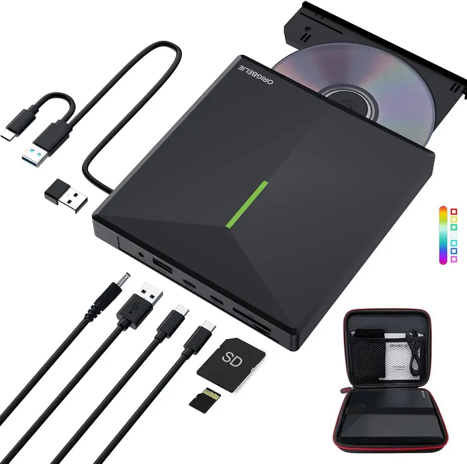 ORIGBELIE External CD DVD Drive, 4 USB & 2 TF/SD Card Ports & Carrying Case